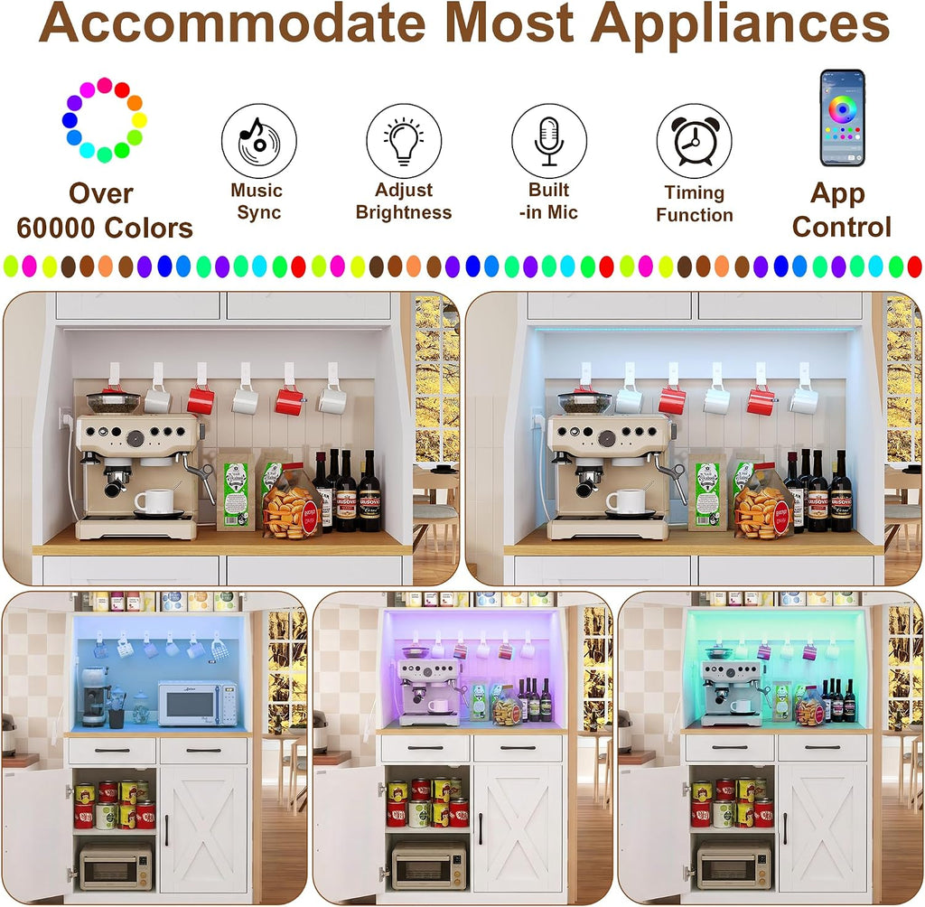 DreamDashio 73" Tall Pantry Cabinet with Charging Station & LED Light, Kitchen Pantry Storage Cabinet with Microwave Stand, Farmhouse Kitchen Hutch with 2 Storage Drawers and 6 Hooks for Dining Room
