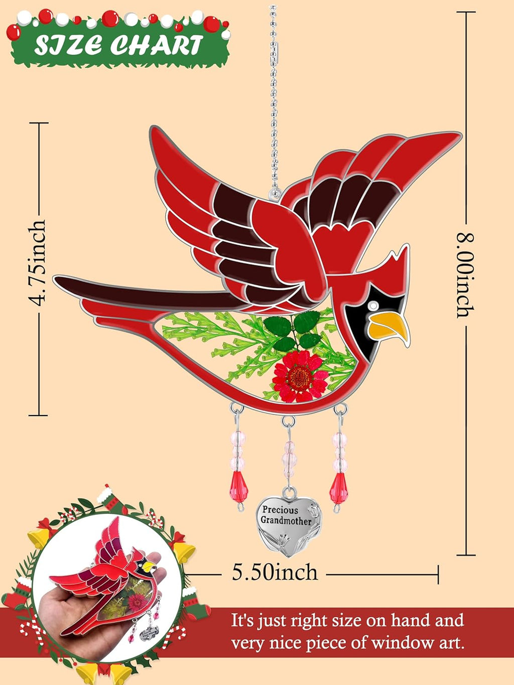 KY&BOSAM Cardinal Suncatcher Grandma Gifts Glass Suncatchers for Windows Hanings Wind Chime,Pressed Real Flower and Heart Precious Grandmother Charm Birthday Gift for Women Mother`s Day Christmas