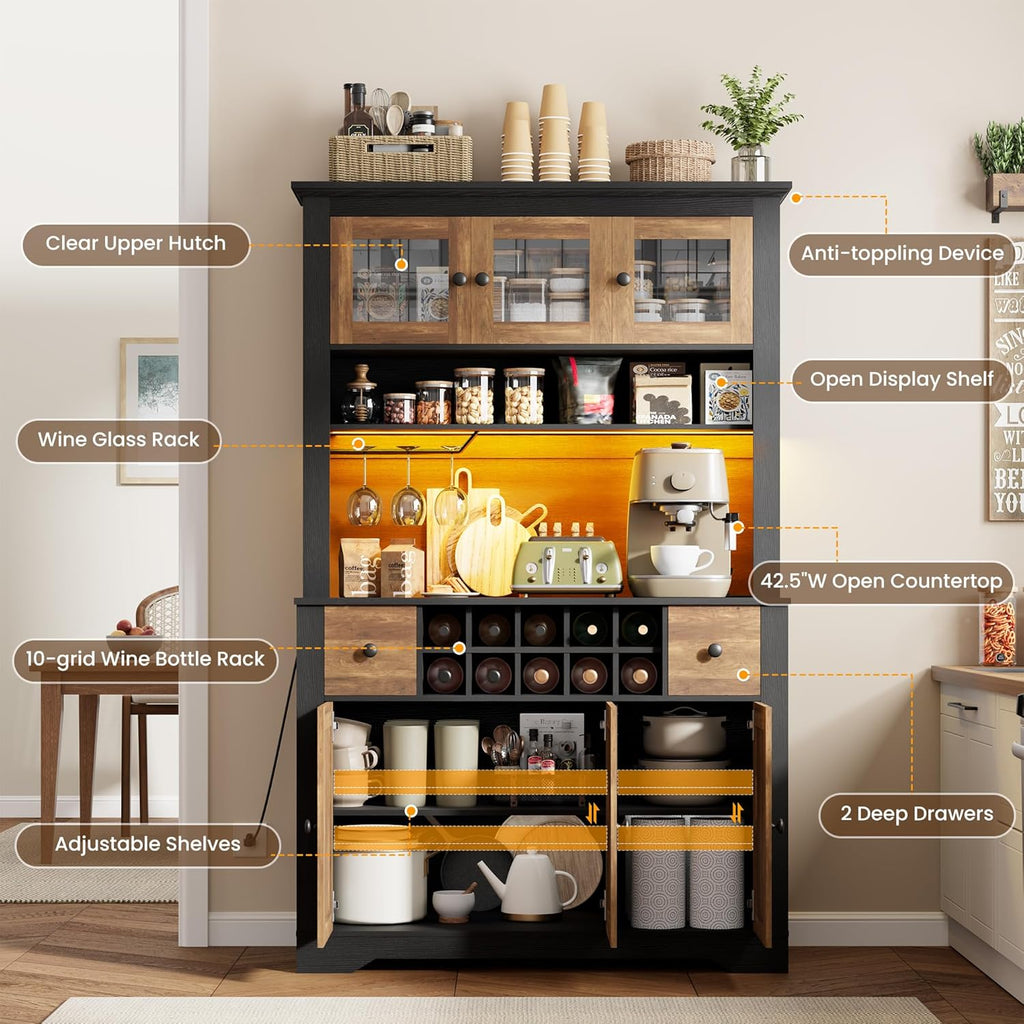 68.7 " Pantry Cabinet with LED Light and Charging Station, Kitchen Pantry Storage Cabinet with Countertop, Large Kitchen Hutch with Wine Rack & Adjustable Shelves for Dining Room, Living Room