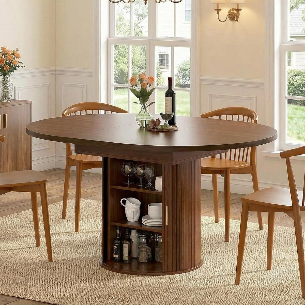 Extendable Round Dining Table: 47″–63″ Kitchen Table for 4 6 8 with Dust-Proof 2-Tier Storage Shelf Space Saving, Modern Farmhouse Expandable Wood Oval Circle Dinner Furniture with Pedestal Base