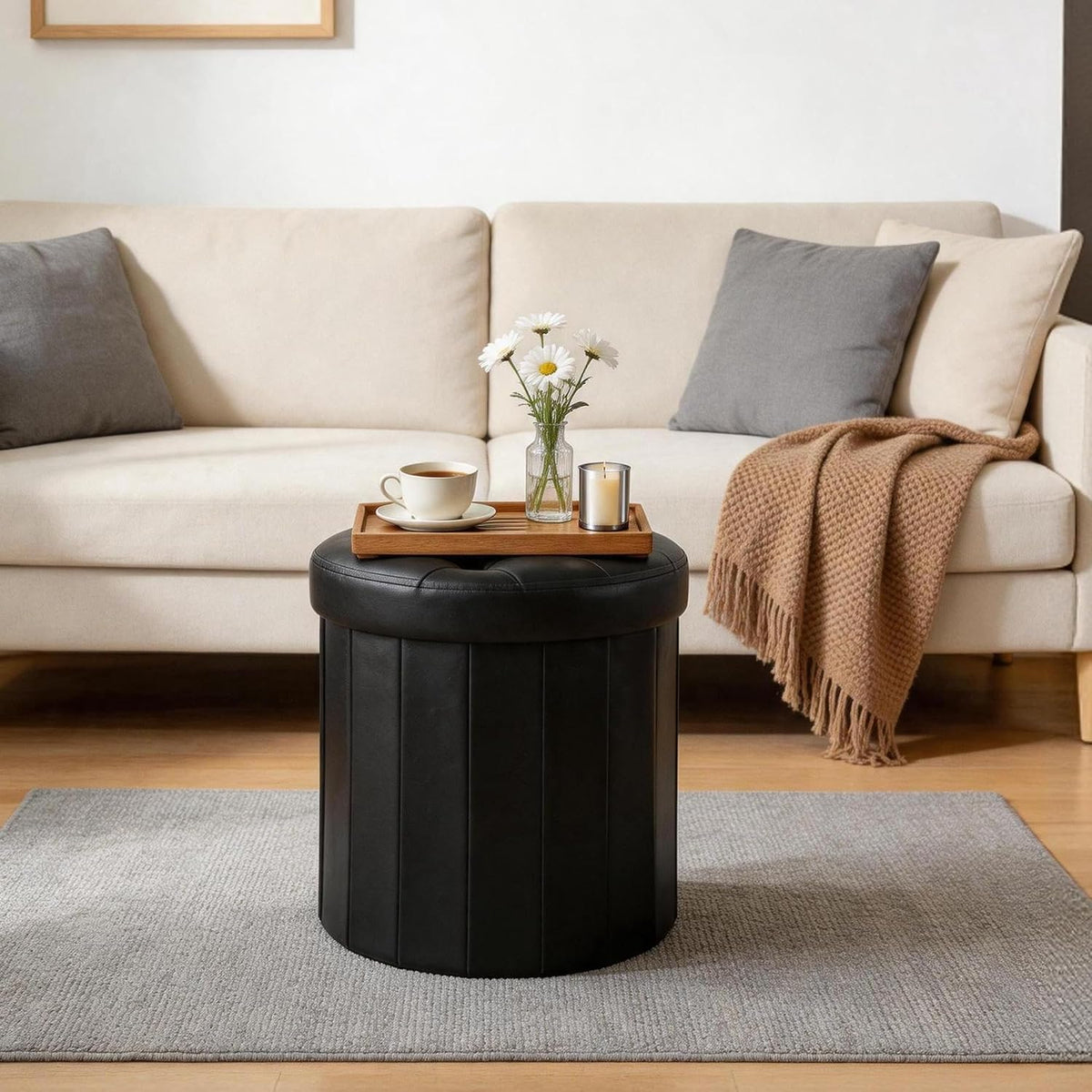 CAROLMADE Round Storage Ottoman, PU Leather Folding Footrest Stool with Thicker Foam Padded Seat, Versatile Vanity Stool for Living Room, Bedroom or Dorm, Black