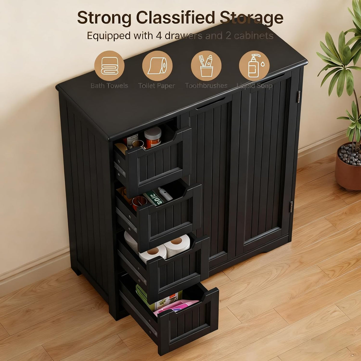 Gizoon Wooden Bathroom Floor Cabinet, Side Storage Organizer Cabinet with 4 Drawers & Double Doors, Freestanding Entryway Storage Unit Console Table, Bathroom Living Room Dining Kitchen, Black