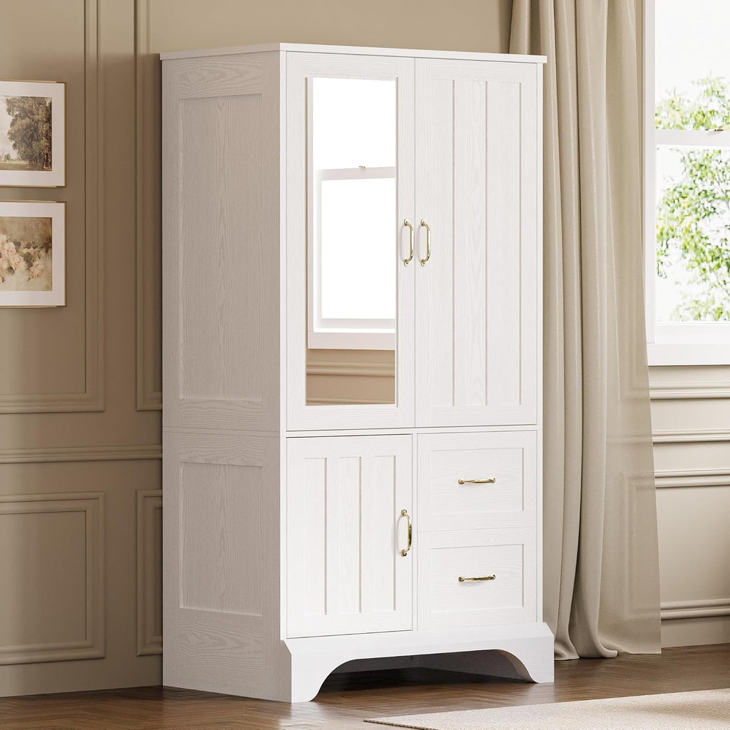 LIKIMIO Armoire Wardrobe with Mirror, 3-Door Hanging Rod & Drawers | 3-door armoire with mirror. Hanging rod, 2 drawers, 4 hooks. P2 MDF, anti-tip.