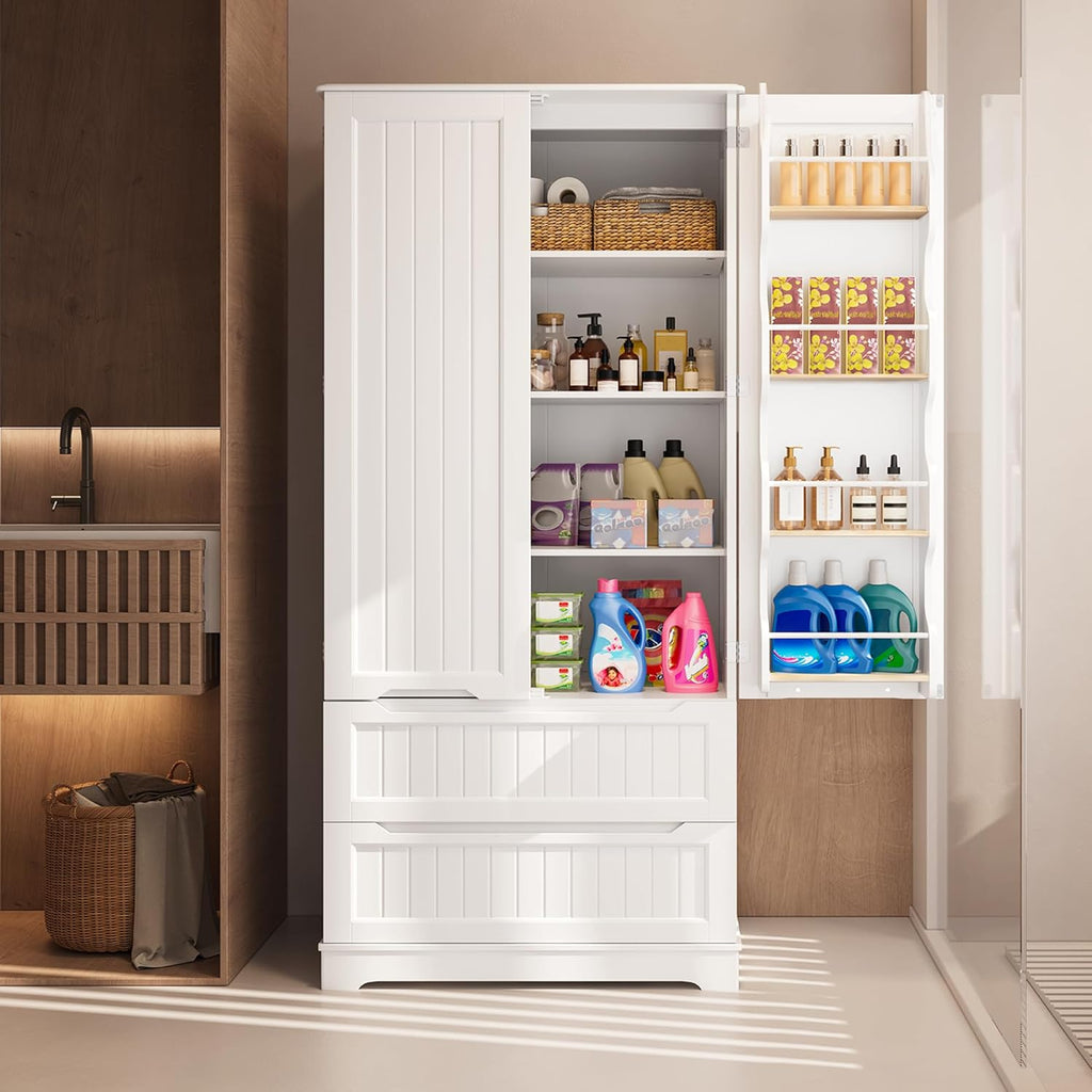 Gizoon 71" Tall Kitchen Pantry Cabinet with Drawers for Dining Room, Food Pantry Storage Cabinet with 8 Doors Shelves for Snack and Spice, Large Craft Storage Cabinet for Craft Room, White, Painted