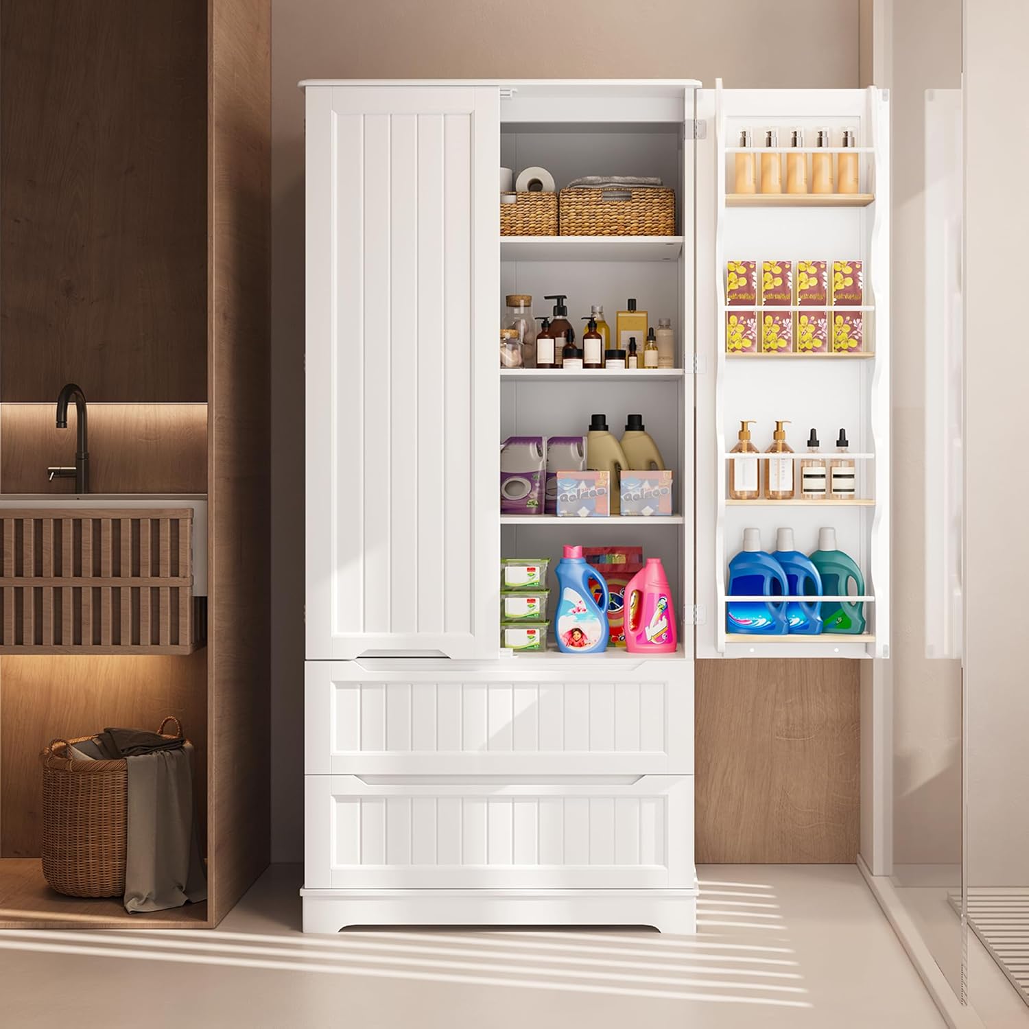 Gizoon 71" Tall Kitchen Pantry Cabinet with Drawers for Dining Room, Food Pantry Storage Cabinet with 8 Doors Shelves for Snack and Spice, Large Craft Storage Cabinet for Craft Room, White, Painted
