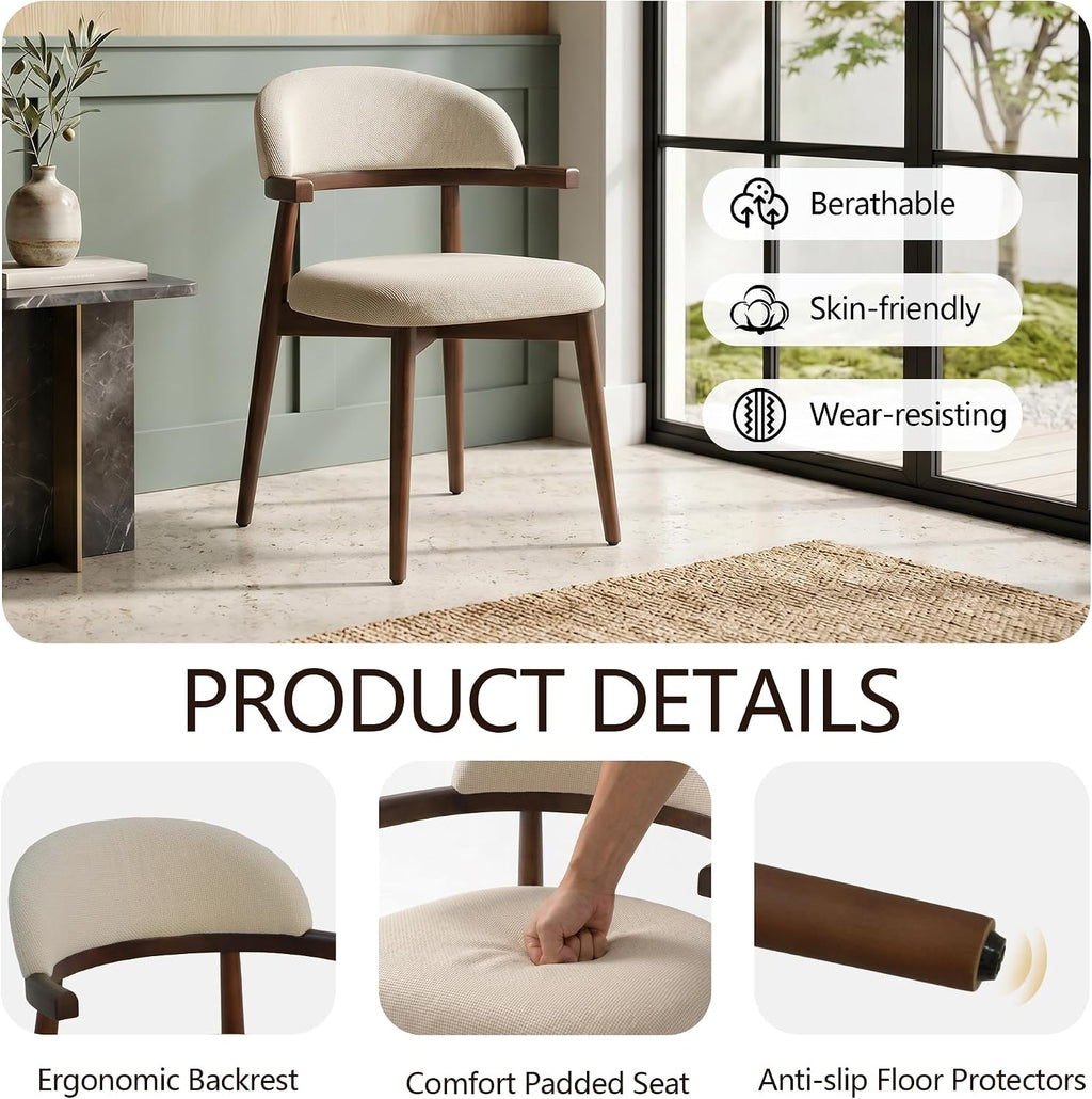 MOJAY Modern Wooden Dining Chairs Set of 2, Upholstered Kitchen Chairs with Unique Arm Design, Farmhouse Dining Room Chairs for Small Spaces & Apartments, Beige