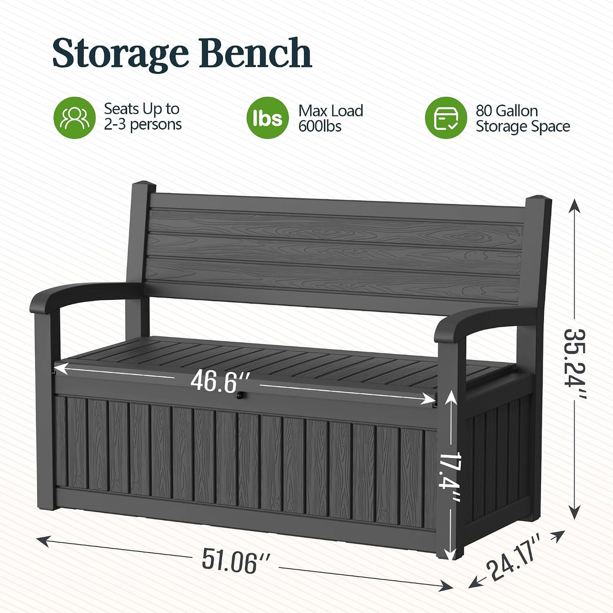 Outdoor Bench with Storage, Waterproof Garden Storage Bench, 100 Gallon Lockable Resin Deck Box, Weatherproof Bench Seating for Patio Yard Cushions Tools, Black