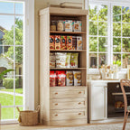 71" Tall Farmhouse Kitchen Pantry Cabinet, Brown Wood Hutch with Glass Doors, 3 Drawers & Adjustable Shelves, Large Storage Cabinet for Dining Room & Living Room, Set of 3