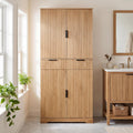 72" Fluted Kitchen Pantry Cabinet with 3 Drawers & 6 Door Shelves, Oak | Freestanding Cupboard Storage Cabinet with Adjustable Door Shelves & Smooth Slide-Out Drawers Magnetic Door Closure