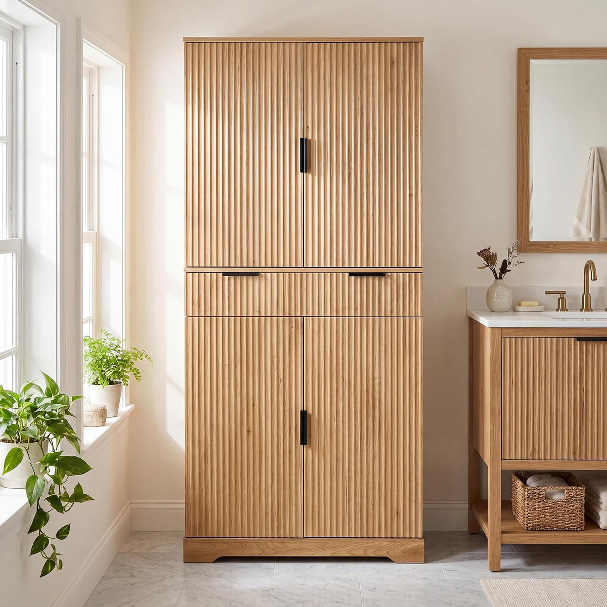 72" Fluted Kitchen Pantry Cabinet with 3 Drawers & 6 Door Shelves, Oak | Freestanding Cupboard Storage Cabinet with Adjustable Door Shelves & Smooth Slide-Out Drawers Magnetic Door Closure