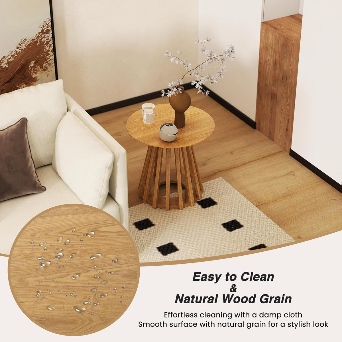HNY Modern Round Fluted End Table, Wood Pedestal Side Table, Drum Accent Bedside Drink Tables for Living Room Bedroom Small Space Couch, Natural