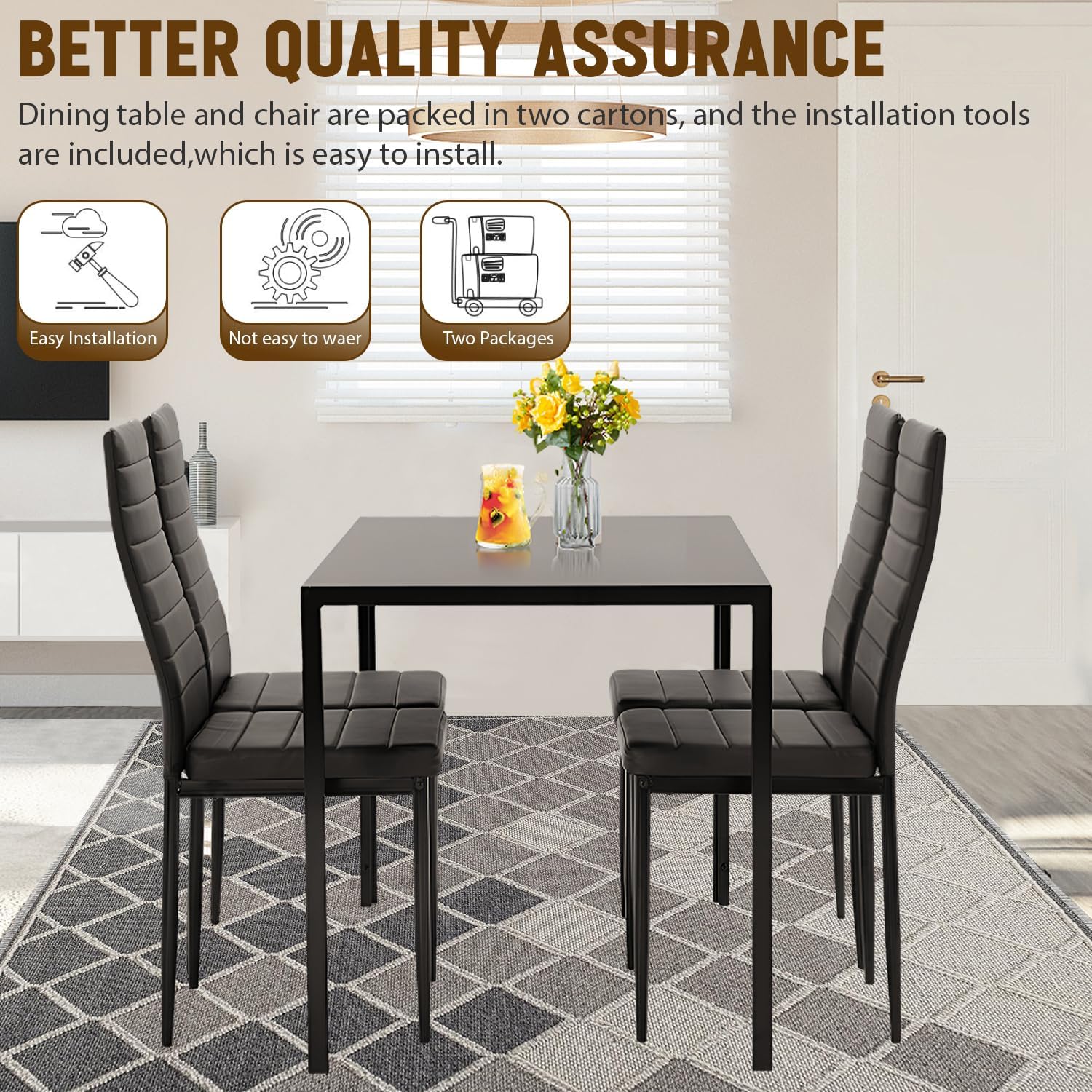 NChanmar Dining Table Set for 4 Furniture 5 Piece Faux Dining Set, Modern Kitchen Table with Upholstered PU Leather Chairs and Glass Tabletop for Breakfast Nook Small Spaces,Black