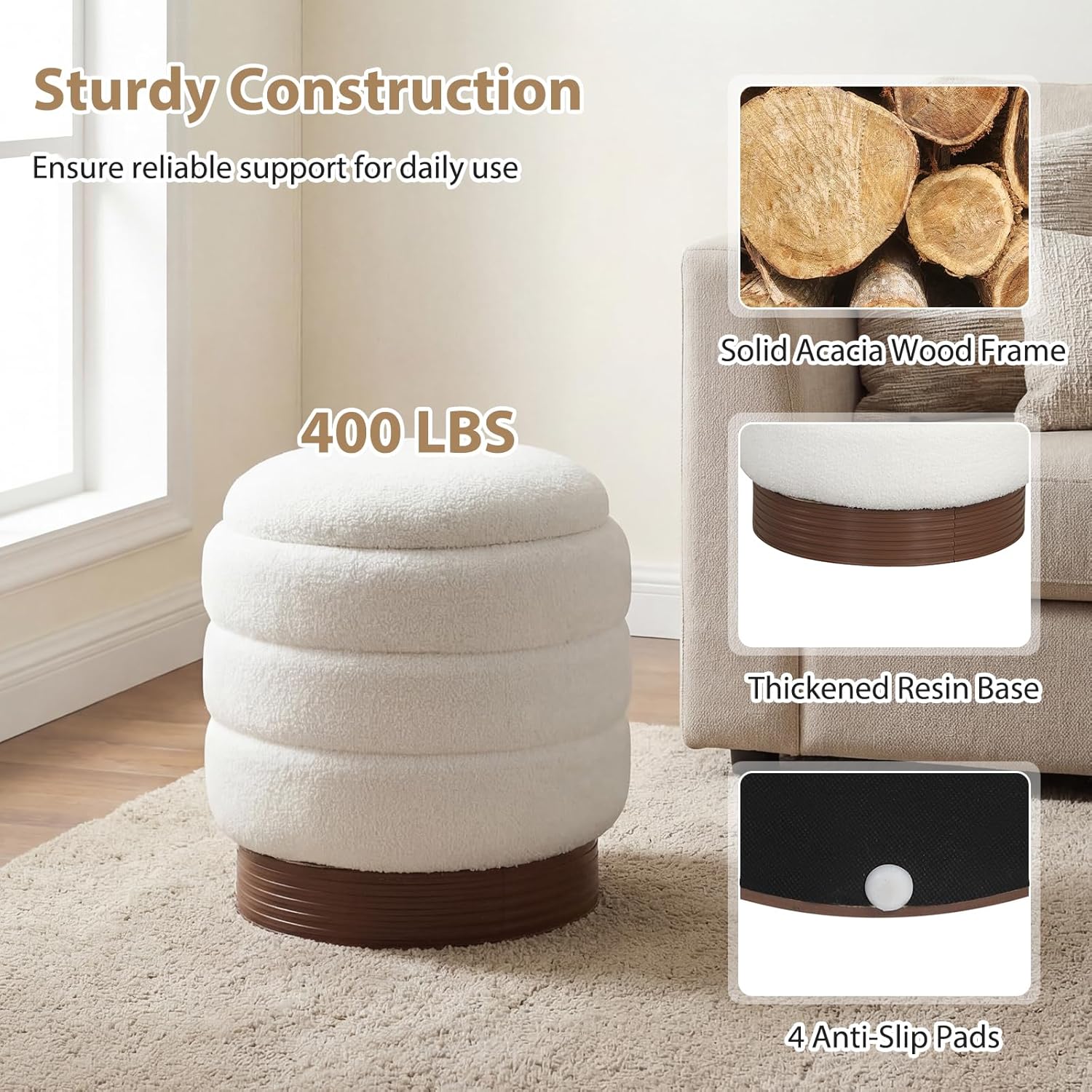 Giantex Round Ottoman with Storage, 360° Swivel Boucle Vanity Stool with Removable Lid, No Assembly Ottoman Foot Rest for Living Room, Bedroom, Makeup Room (White & Brown)