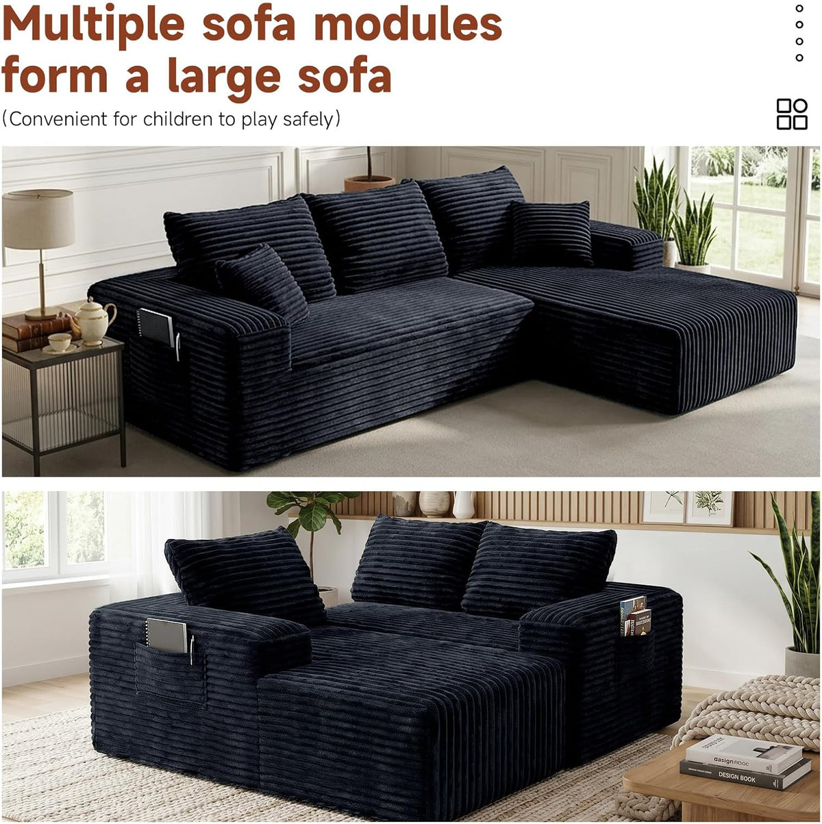 Couch ≈105" L-Shaped Sofa, Modular Sofa in Living Room Comfy Corduroy Fluffy Couch with Deep Seat and Side Pockets, Flexible Module Combination for Living Room (Black, 105IN)