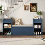 All in One Entryway Shoe Storage Bench with Cushion, Compartments, Drawers, Open Shelves for Hallway, Mudroom, Living Room Antique Navy