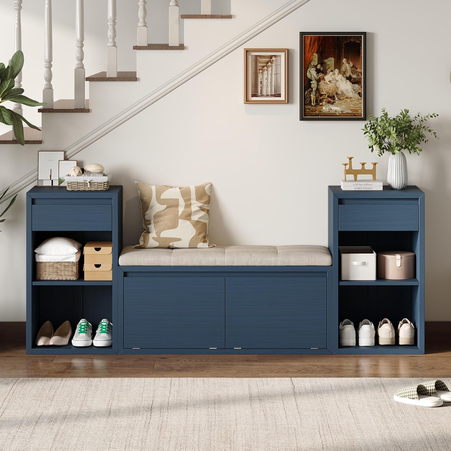 SOFTSEA All-in-One Entryway Storage Bench with Cushion, Compartments, Drawers and Open Shelves, Farmhouse Storage Bench for Hallway, Mudroom, Living Room, Antique Navy