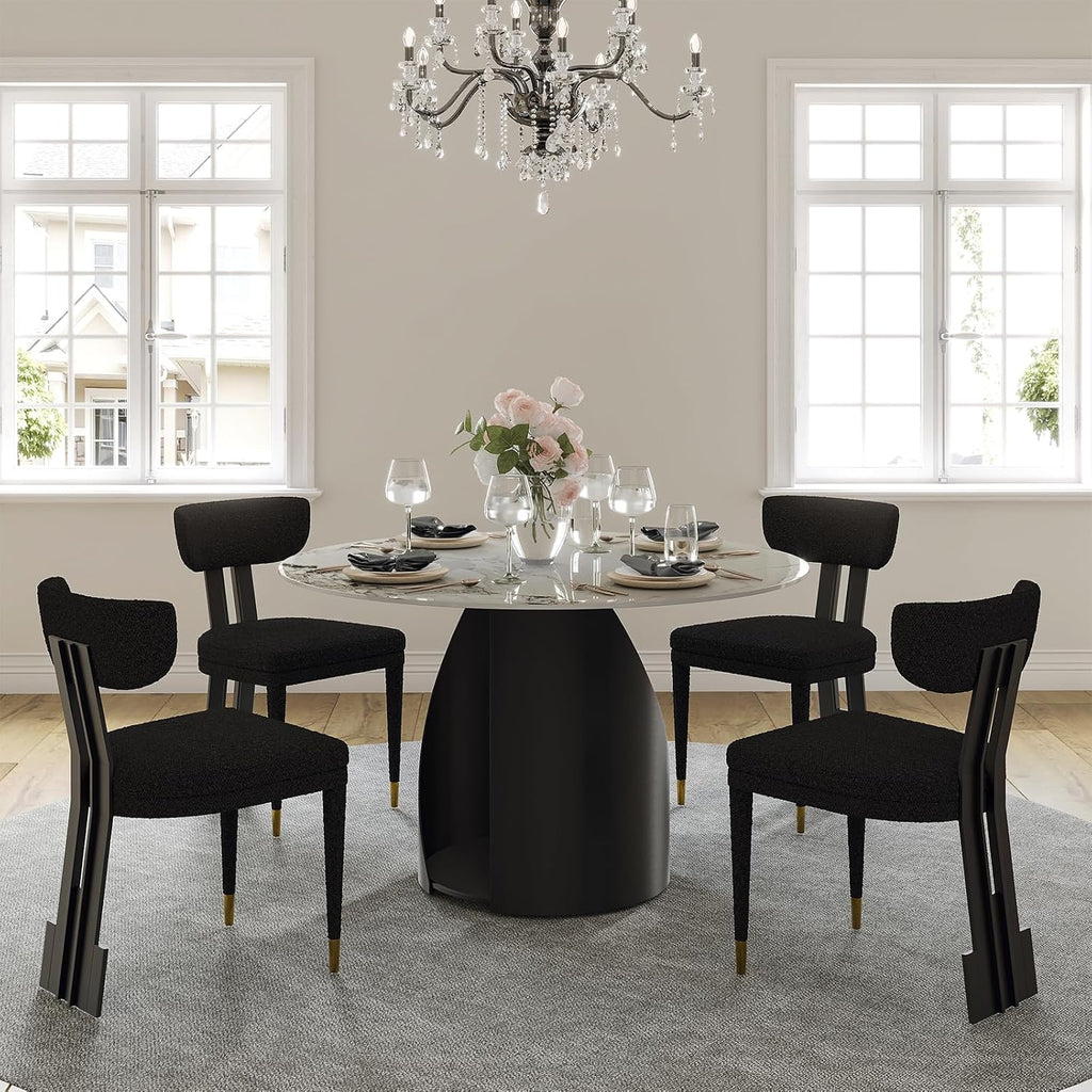 Black and Gold Dining Chairs Set of 4, Mid Century Upholstered Dining Room Chairs with Curved Backrest and Stainless Steel Legs, Luxury Modern Boucle Dining Chairs for Kitchen, Living Room