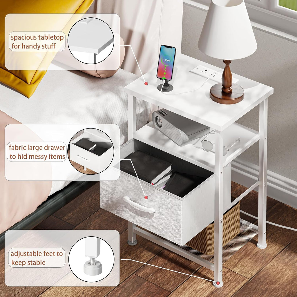 LAKEMID Nightstand with Charging Station,Bedside Table with Fabric Drawer,Bed Side Table with 20 Colors LED Light,Night Stand for Bedroom,White