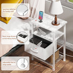LAKEMID Nightstand with Charging Station,Bedside Table with Fabric Drawer,Bed Side Table with 20 Colors LED Light,Night Stand for Bedroom,White