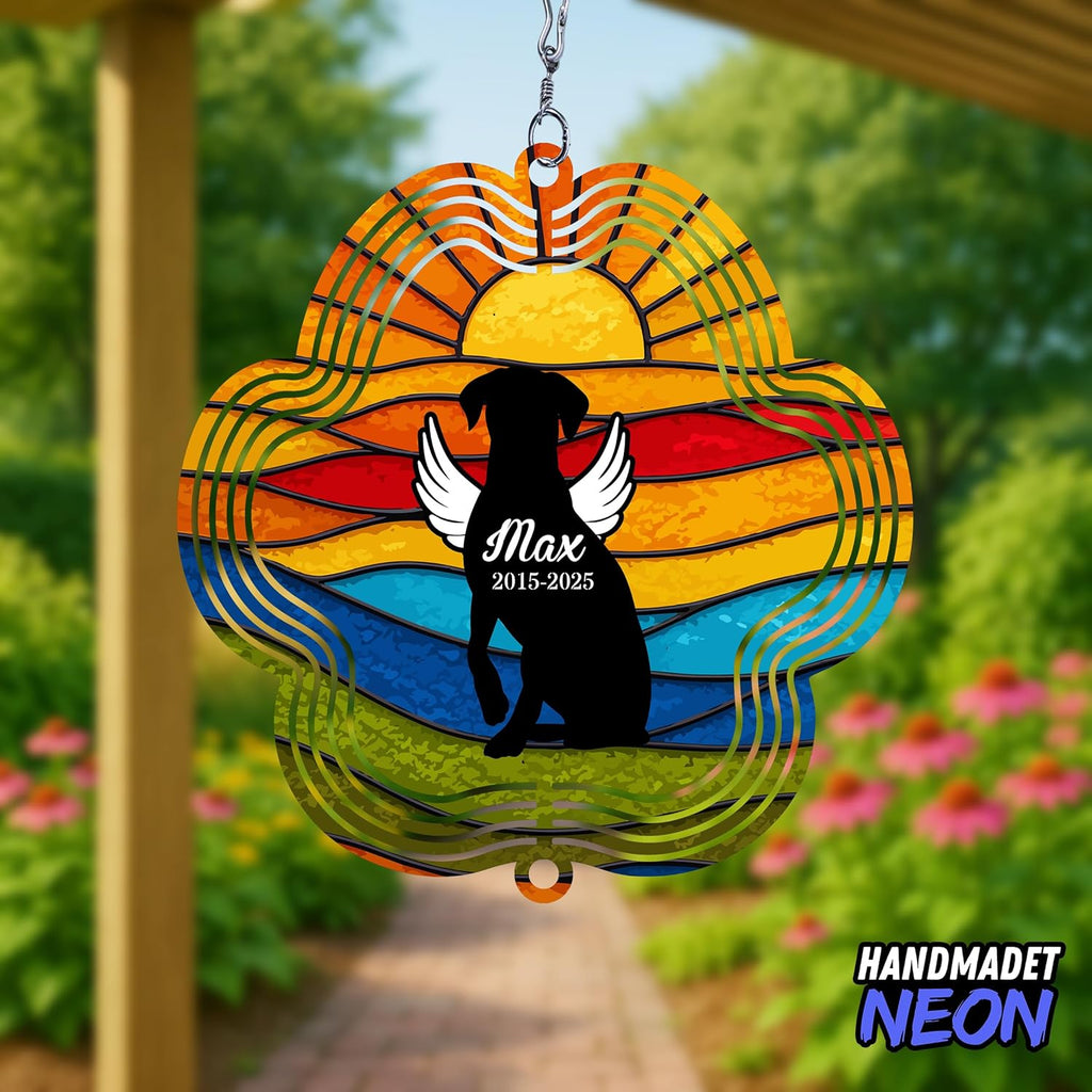 Personalized Dog Memorial Wind Spinner Metal Outdoor Art, Custom Rainbow Angel Wings 3D Kinetic Sculpture, Ornament Hanging Pet Sympathy Gifts for Dogs