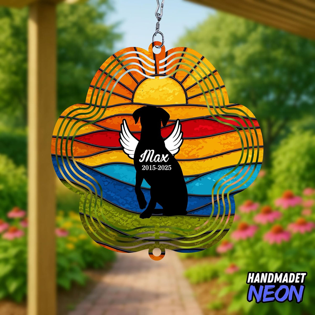 Personalized Dog Memorial Wind Spinner Metal Outdoor Art, Custom Rainbow Angel Wings 3D Kinetic Sculpture, Ornament Hanging Pet Sympathy Gifts for Dogs