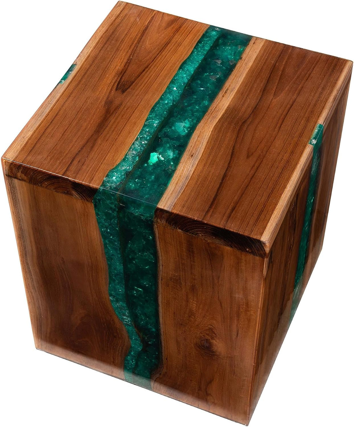 Bali & pari ANAN Teak Wood Epoxy Resin End Table - Live Edge Cube Side Table, Handcrafted Modern Rustic Accent Table for Living Room or Bedroom, Cube