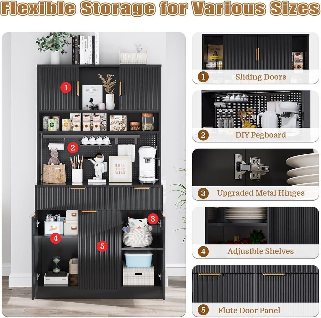 73" Tall Modern Kitchen Pantry Cabinet, Kitchen Hutch Bar Cabinet with Charging Station & DIY Pegboard, Wooden Storage Cabinets with Fluted Doors & Microwave Stand, Cupboard for Dining Room, Black