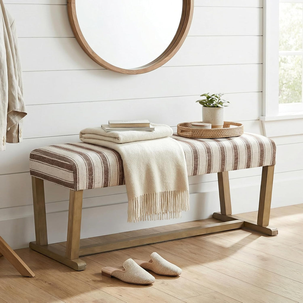 VKNOW 41" Upholstered Entryway Bench, End of Bed Bench with Cushion and Rubber Wood, Kitchen Dining Bench, Striped Bench for Dining Table, Bedroom, Living Room, Brown
