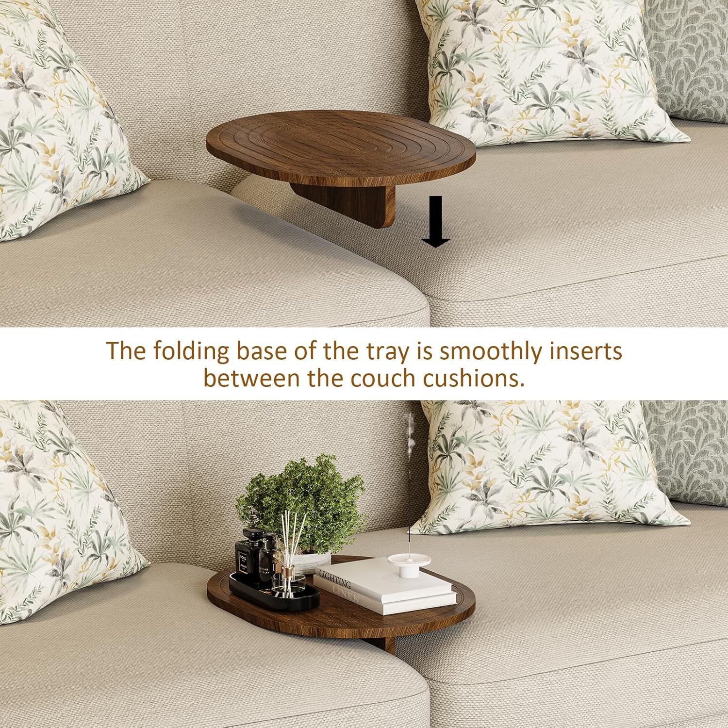 Asgolion Couch Tray Insert for Middle, 15.75"x12.6" Wood Sofa Tray, Folding Couch Armrest Table Fit Armless Couch/Sectional, for Drink Snacks Phone Remote Holder, Walnut