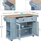 Rolling Kitchen Island Cart with Wood Countertop, Mobile Kitchen Storage Cart with Drawers, Glass Door Cabinet & Side Spice Rack for Small Kitchen