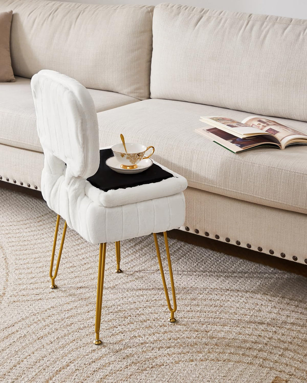 IBUYKE Vanity Stool with Storage, Folding Back Makeup Chair, White WBD030W | Rectangular Small 15.75" x 11.81" x 29.13" Velvet Cute Ottoman Stool Living Room Anti-Slip Feet