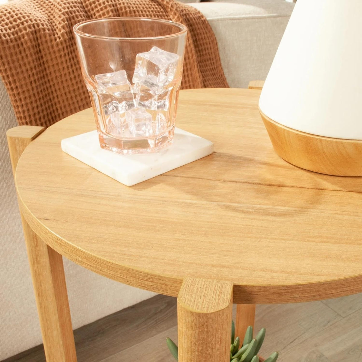 Round Two-Tier Accent End Table, Wood Composite Construction with All-Side Finished Surface and Open Storage Shelving