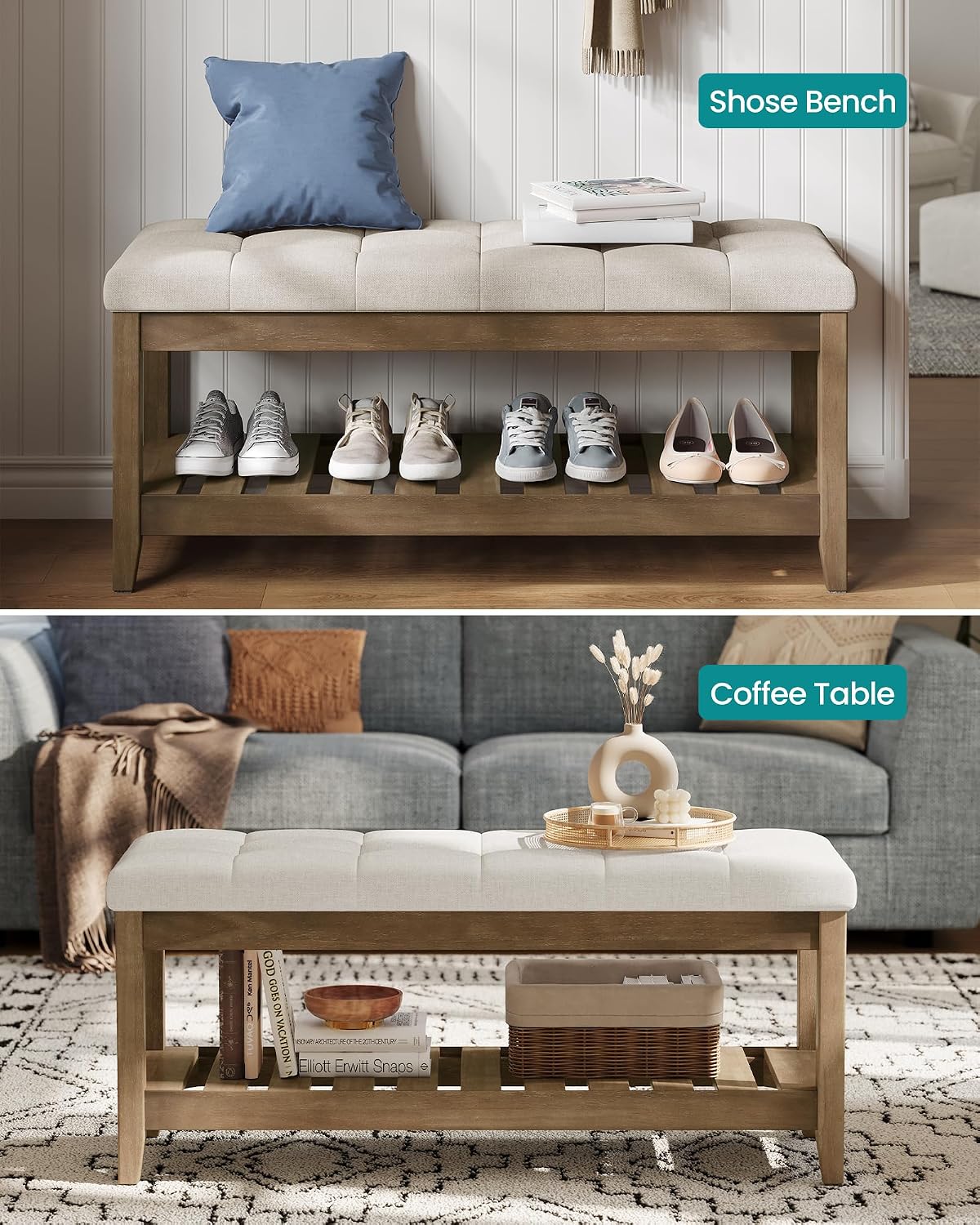 SONGMICS Storage Ottoman with Solid Wood Frame, 42.9 x 15.7 x 17.7 Inches | Upholstered Bed Bench, Footrest, Tufted Cushion, Easy Assembly, Summer Sand, MARY Collection ULSF009LF01