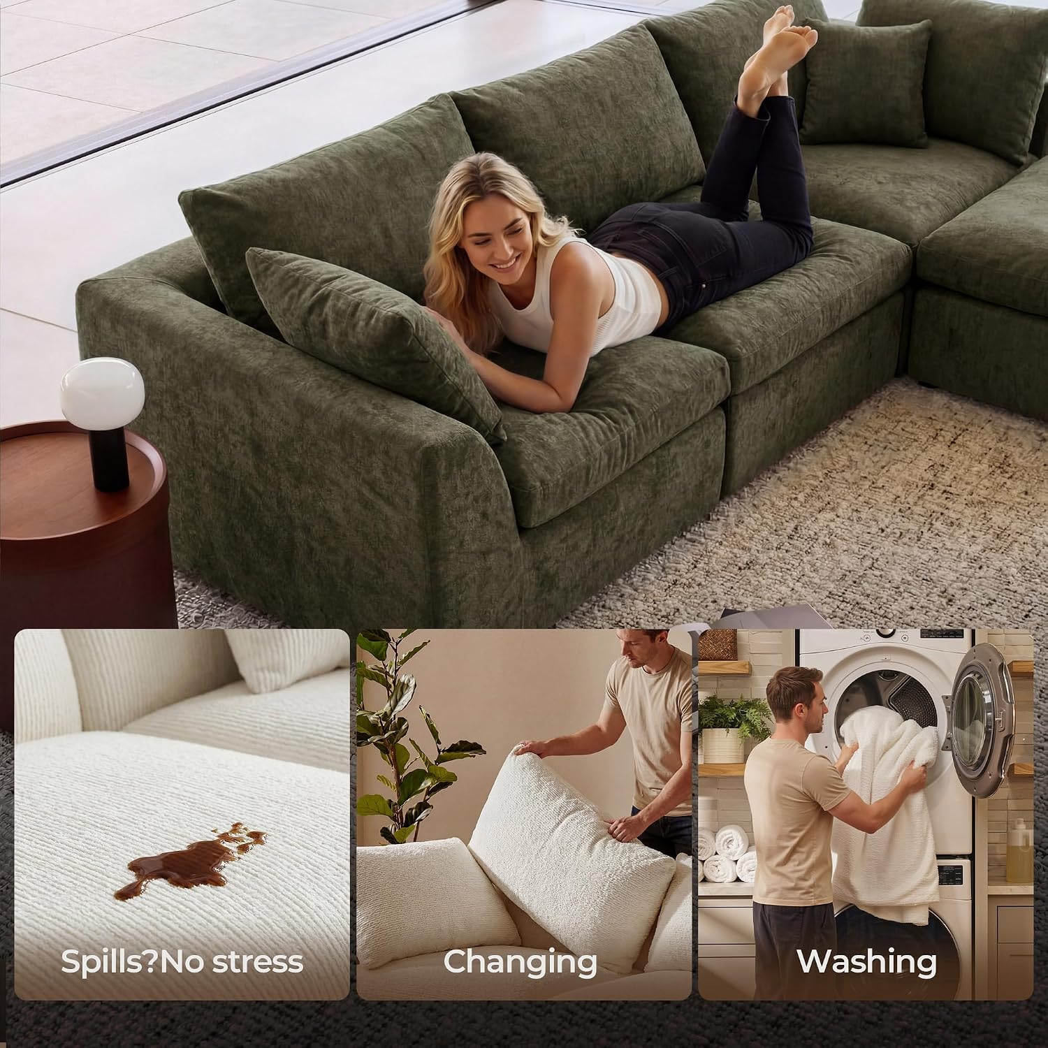 Amsleekey 108" Cloud Sectional Couch with 2 Washable Cover Sets | L-Shaped Modular Sofa with Ottoman, Deep Seat Couch for living room, DIY Covers in White and Green