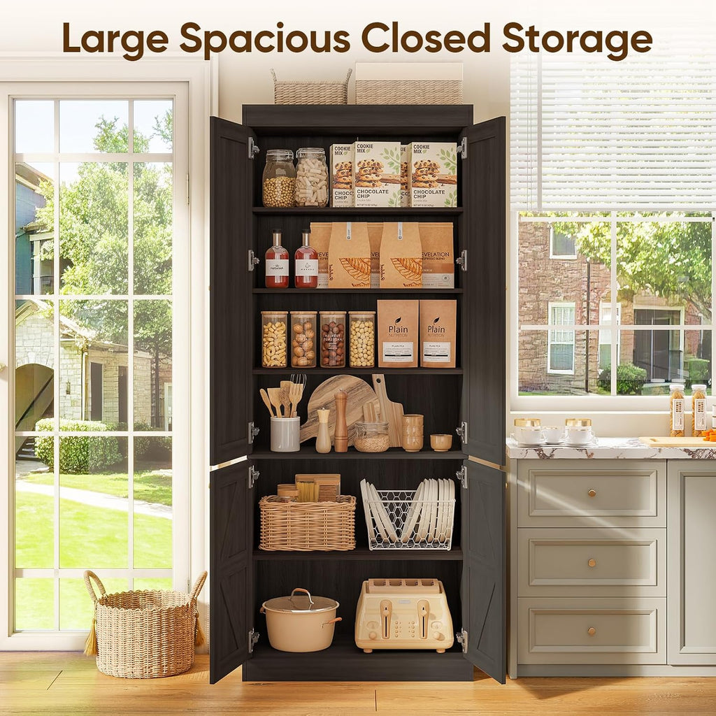 ivaniti 70.8" Tall Farmhouse Kitchen Pantry Cabinet with Glass Doors, Modular Storage Cabinet with 6-Tier Adjustable Shelves, Large Storage Cabinet for Kitchen or Living Room, Set of 3, Black