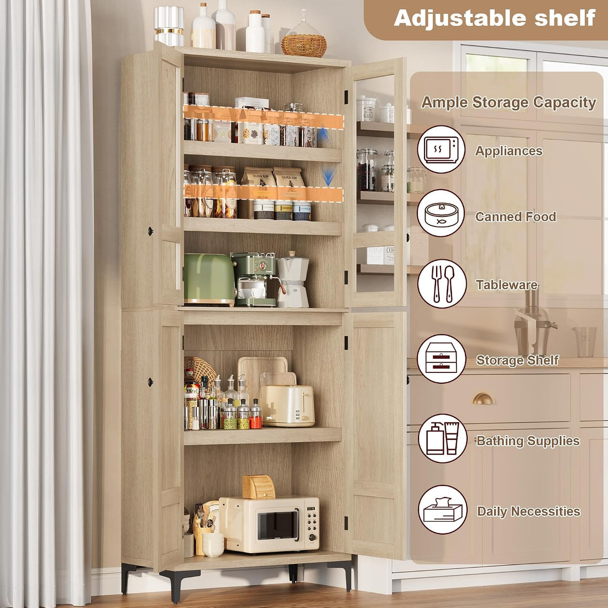 GarveeHome 71 in Tall Storage Cabinet, Kitchen Pantry Cabinet 5 Tier Bathroom Cabinet with 4 Doors Adjustable Shelves for Kitchen, Dining Room, Bathroom (Pear Wood, Glass with 4 Doors)