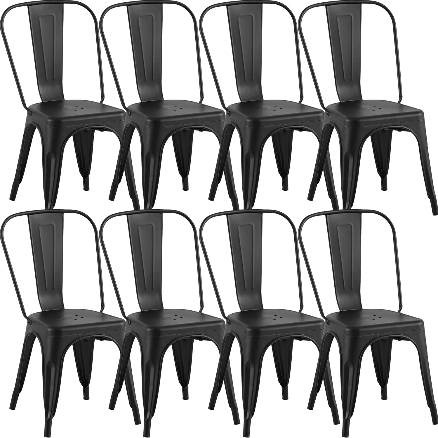 Matte Black Stackable Metal Dining Chairs, Set of 8 | Modern Style, Space Saving, Stackable, Indoor Outdoor, Kitchen, Cafe, Restaurant, Patio