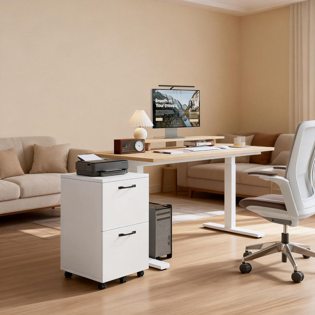 Simple Deluxe 2 Drawer Filing Cabinet, Wood Rolling Filing Cabinets with Printer Stand, Under Desk Storage Lockable Wheels, Home Office Organizer for A4 Letter Legal Size Documents,White