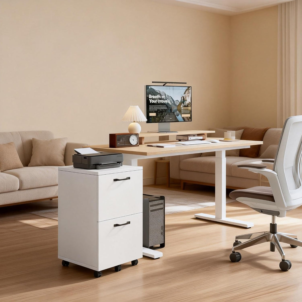 Simple Deluxe 2 Drawer Filing Cabinet, Wood Rolling Filing Cabinets with Printer Stand, Under Desk Storage Lockable Wheels, Home Office Organizer for A4 Letter Legal Size Documents,White