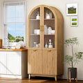 Fkhouse 71" Tall Arched Pantry Cabinet, Kitchen Pantry with Glass Doors & Fluted Doors, Wood Storage Cabinet with Adjustable Shelf, Versatile Cupboard for Kitchen, Living Room, Natural