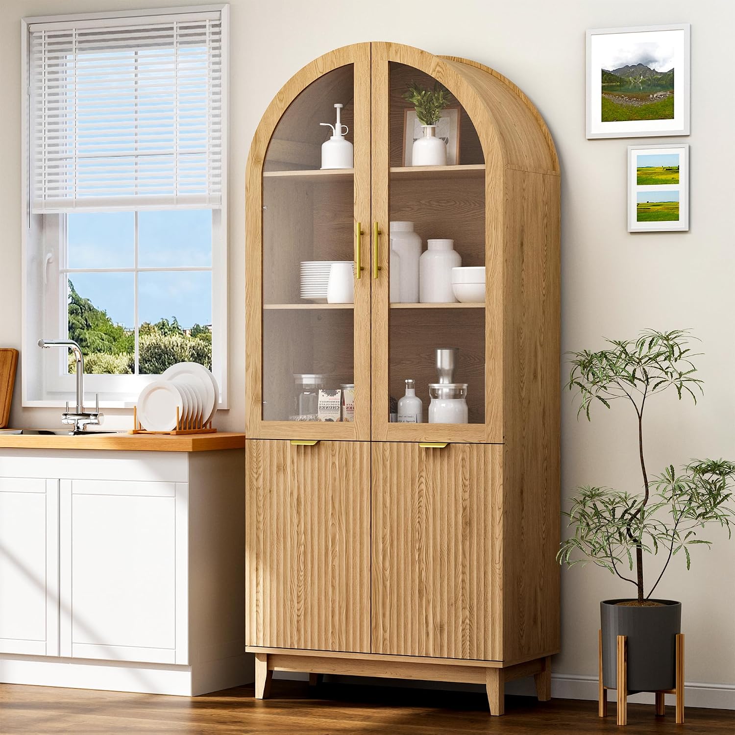 Fkhouse 71" Tall Arched Pantry Cabinet, Kitchen Pantry with Glass Doors & Fluted Doors, Wood Storage Cabinet with Adjustable Shelf, Versatile Cupboard for Kitchen, Living Room, Natural