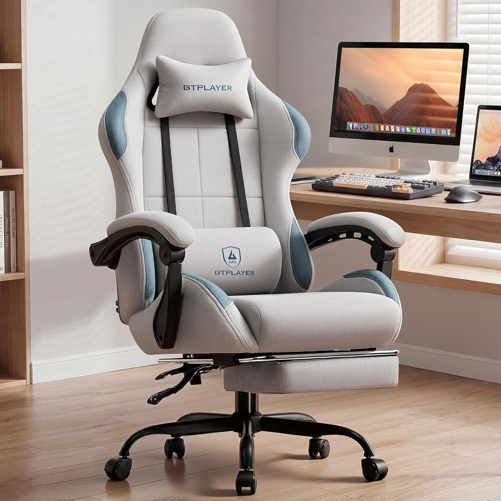 GTPLAYER Gaming Chair Fabric with Pocket Spring Cushion,Computer Office Chair with Lumbar Support for Adults Linkage Armrests and Footrest Ergonomic Gamings Chairs Height Adjustable LightGray