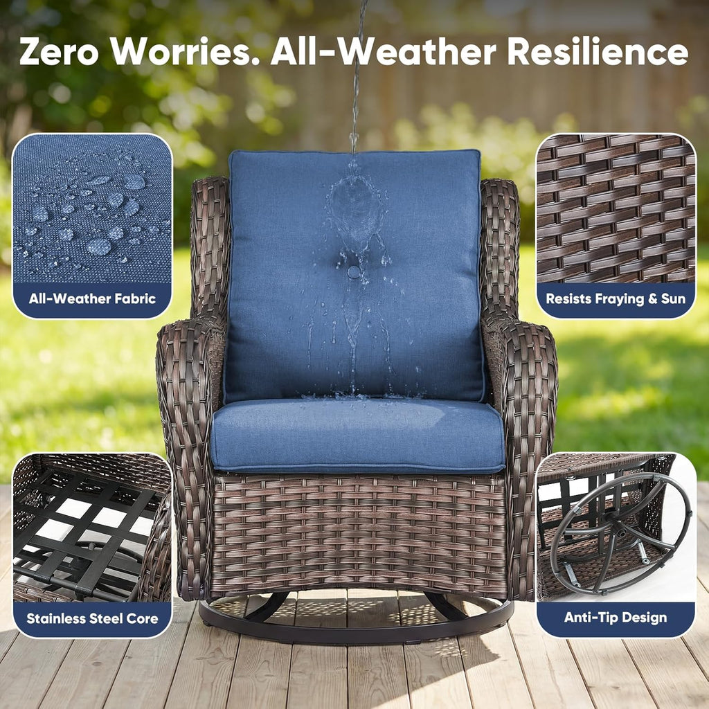 Belord Outdoor Swivel Chairs Set of 2,Patio Wicker Rocker Chairs,All Weather Patio Conversation Furniture Set, Ideal for Porch Balcony Deck Yard, Brown Wicker/Blue