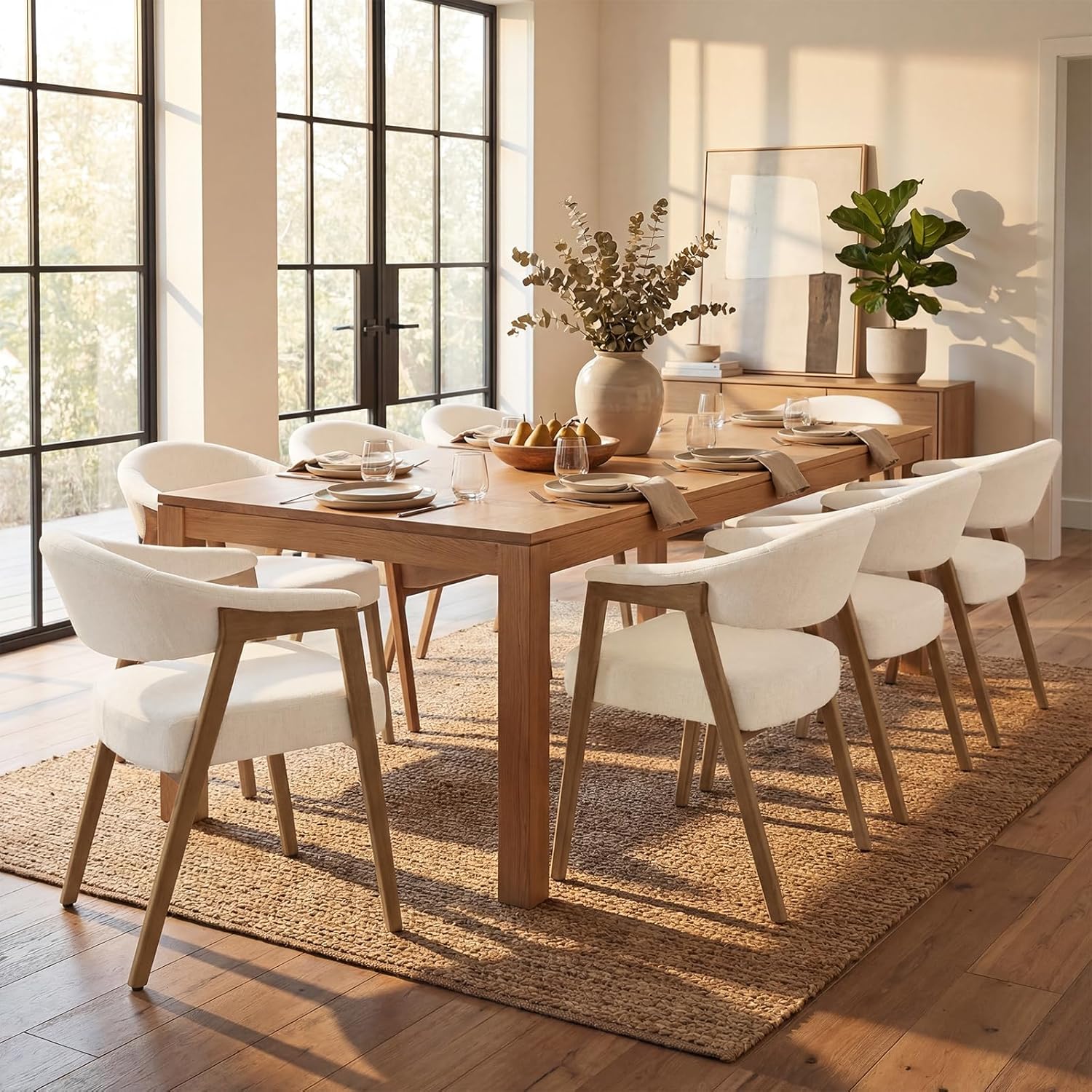 CIMOTA Upholstered Dining Chairs with Arms Set of 2, Mid Century Modern Kitchen & Dining Room Chairs, Comfortable Curved Backrest & Trapezoid Solid Wood Legs, Linen Beige