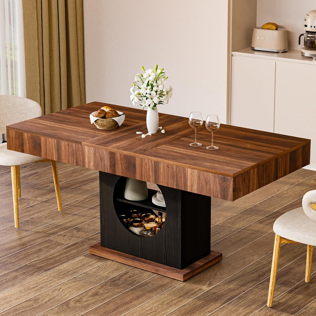 55" Dining Table for 4 to 6 People, Farmhouse Wood Dinner Table with Drawers & Open Storage for Kitchen, Dining Room & Living Room (Walnut & Black)