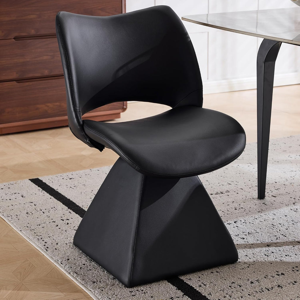 Henf Modern Upholstered Swivel Dining Chairs,Faux Leather Vanity Chair with Wave Shaped High Back, 360 Degree Rotating Mid Century Armless Side Chairs with Metal Base for Dining Room,Desk,Black