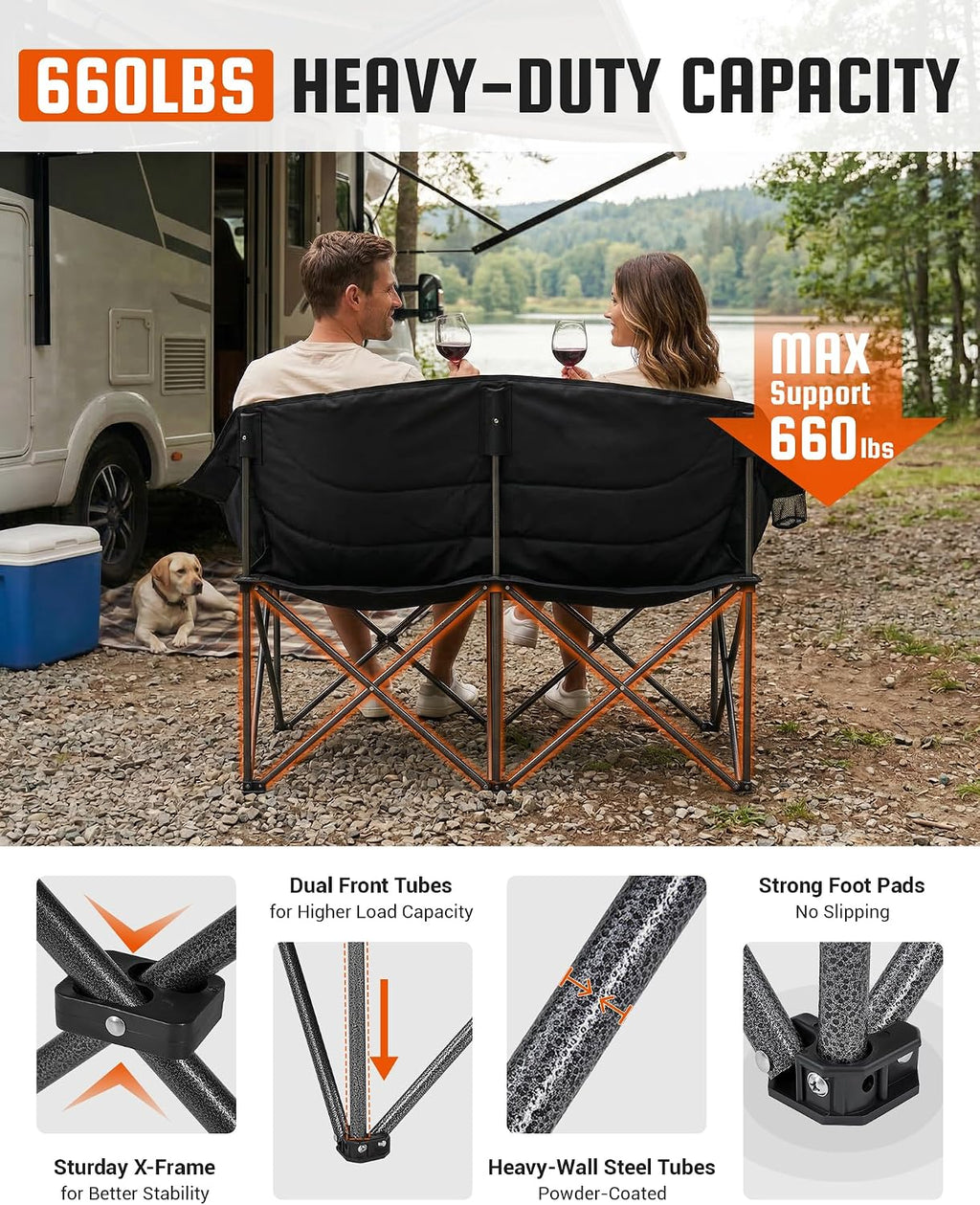 KingCamp Double Camping Chair, Heavy Duty 660lbs Folding 2 Person Chair | Portable Loveseat Couch Padded Comfortable Two Seat with Cup Holder&Carry Bag for Outdoor Lawn Backyard, Black