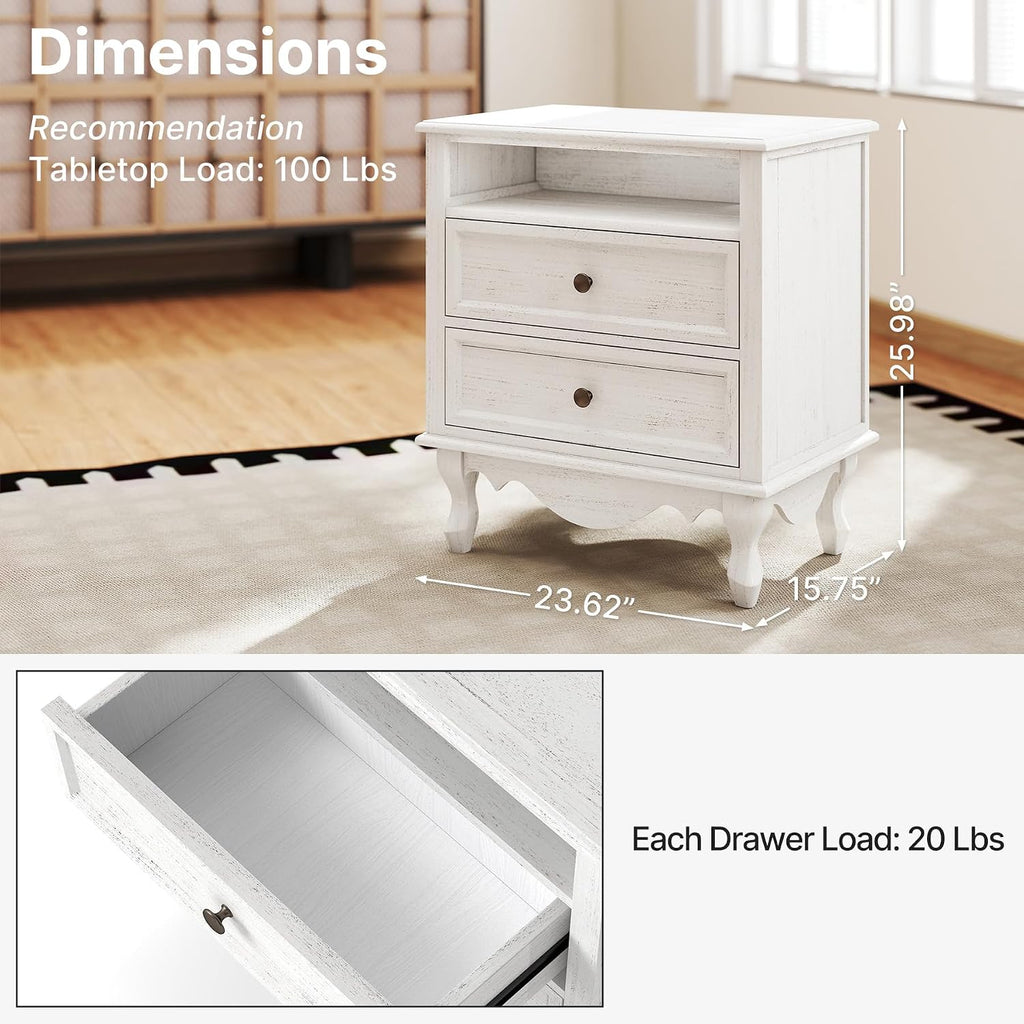 Solid Wood Nightstands Set of 2, Fully Assembled Night Stand with 2 Drawer & Open Shelf Storage, Bedside Table with Charging Station, Mid-Century Modern End Table for Bedroom, White