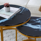 Anwick Set of 2 Circular Coffee Table, Nesting Design for Living Room, Small Round & Circle Coffee Table for Apartment, Sturdy Metal Frame (Black+Gold)