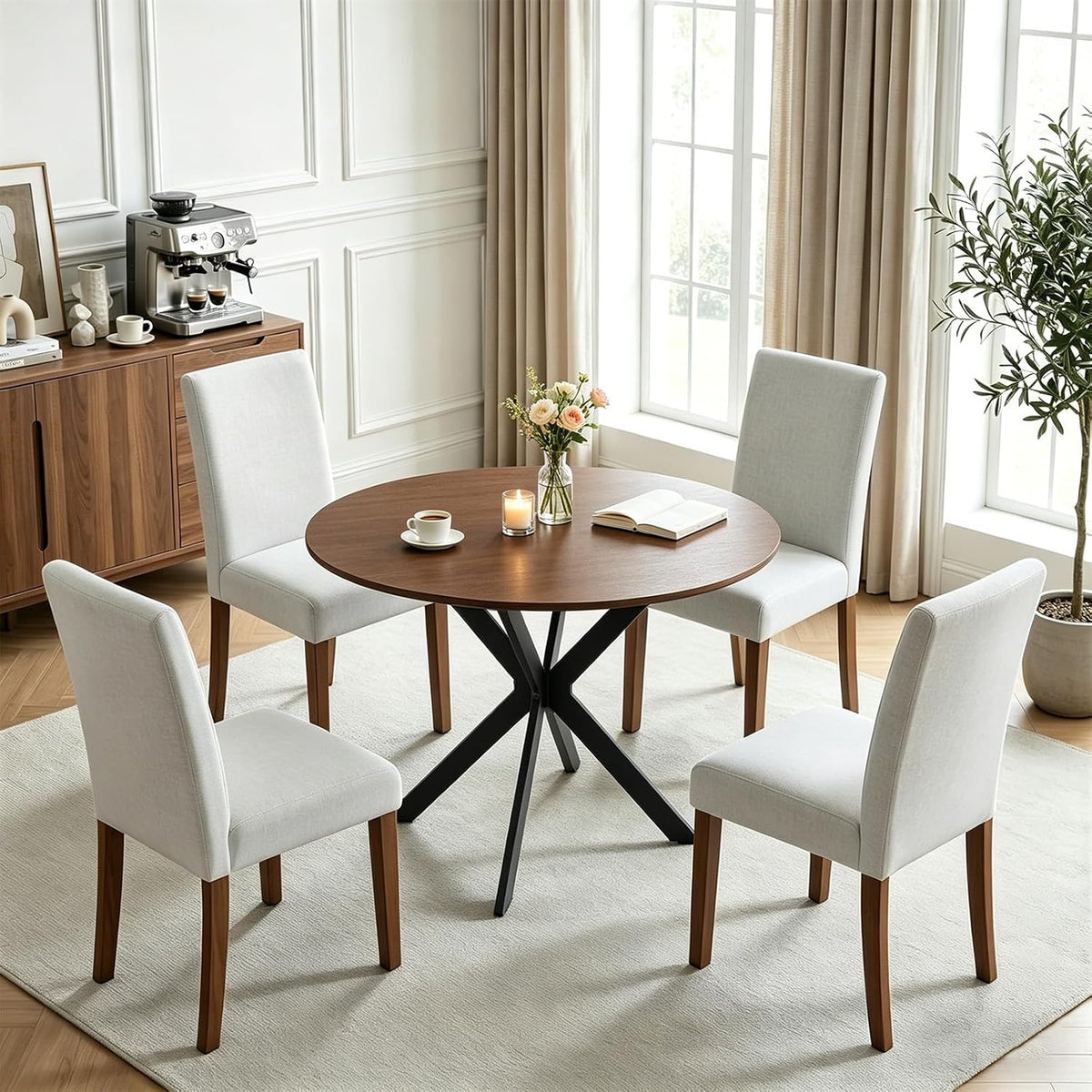 mikibama 54" Extendable Round Dining Table for 4-6, Modern Oval Kitchen Table with Metal Legs & Faux Wood Grain Top, Space Saving Expandable Dining Room Table for Small Space, Easy Assembly, Walnut